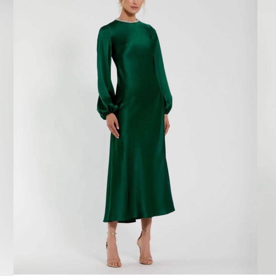 Ieena Mac Duggal Emerald Green High Neck Long Sleeve Crystal Detail Dress